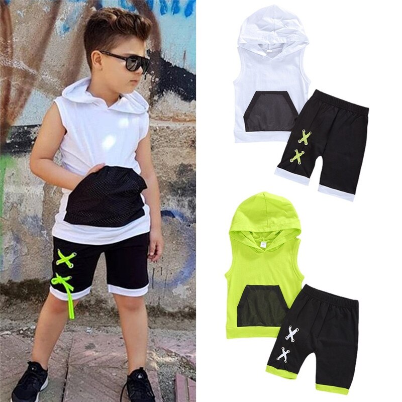 1-6Y verano bebé Infante niños bolsillo sólido sin mangas con capucha Tops pantalones cortos conjuntos de ropa 2 uds