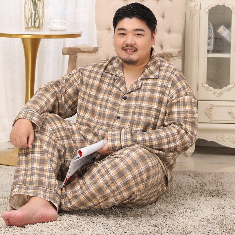 Autumn Men's Plus Fat Large Size Cotton Pajamas Set Male Fat Guy Lapel Long Sleeve Home Wear Pijama Suit Micro-elasticity 5XL: Tianlan plaid 387 / 4XL