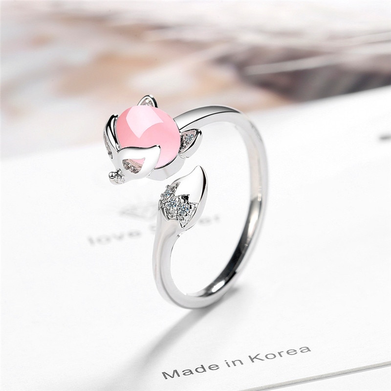 Cute Female Pink Moonstone Adjustable Ring Rose Gold Color Wedding Rings For Women Classic Promise Fox Thin Engagement Ring