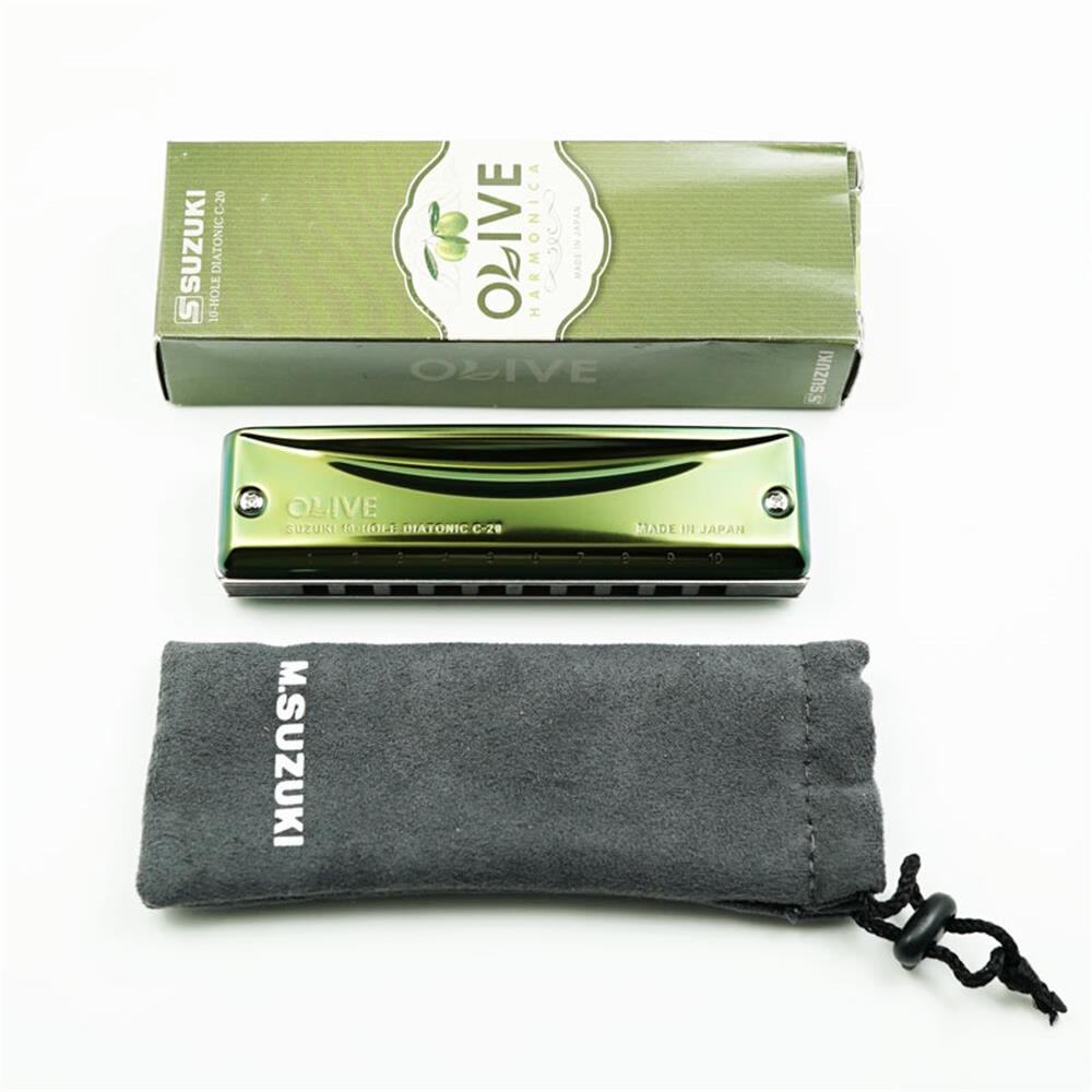 SUZUKI1 C-20 10 Holes 20 Tones Diatonic Harmonica Key of C Blue Mouth Organ with Olive-Green Case Standard Performance Harmonica