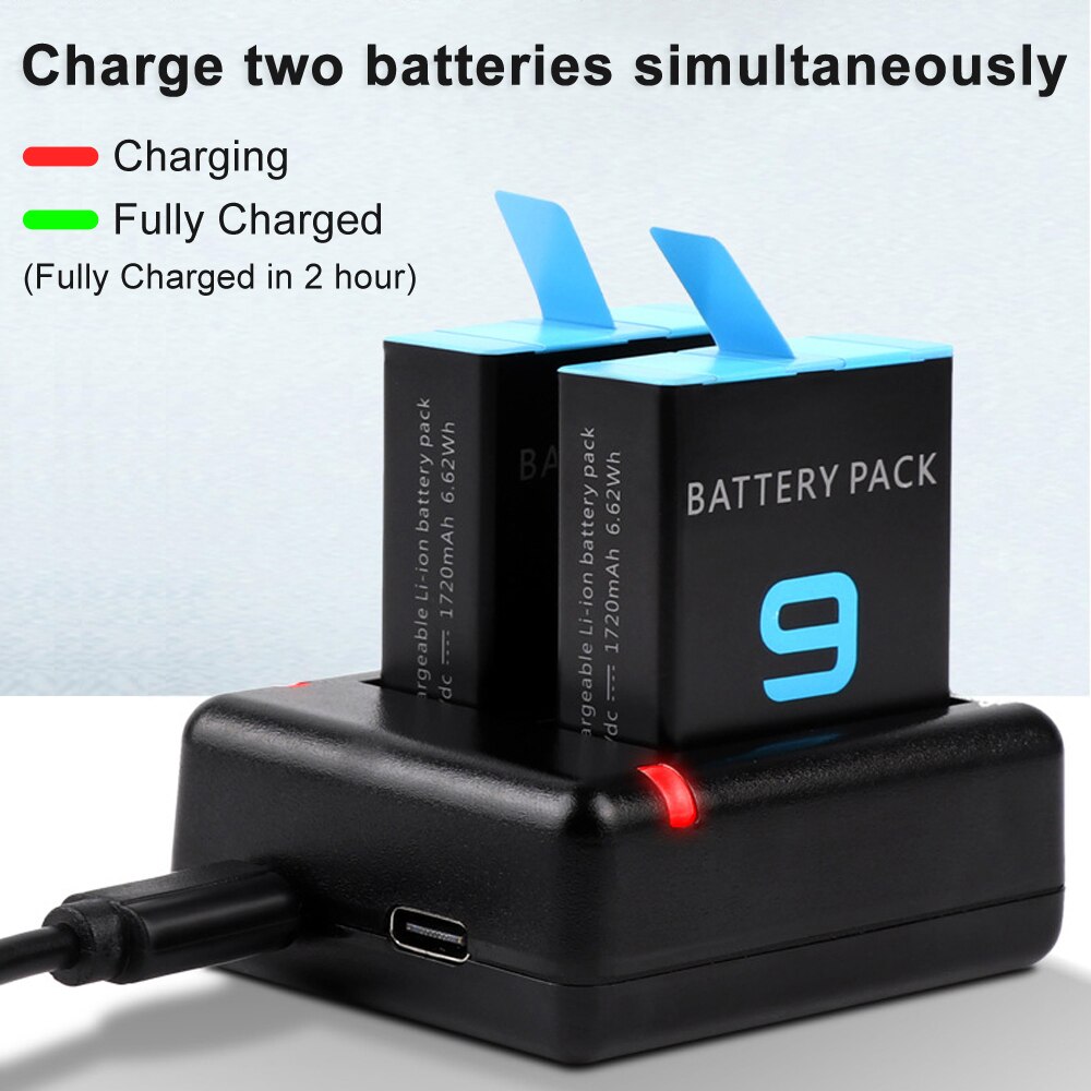 Cargador de batería para GoPro Hero 10 9, accesorios para Go Pro Hero 9 Black Battary, Cable de carga de doble puerto de 1720mAh