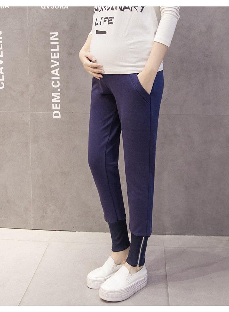 Pregnancy Trousers Belly Skinny Maternity Leggings Elastic Cotton Adjustable Waist Sports Pants Clothes for Pregnant Women E0083: dark blue / XL