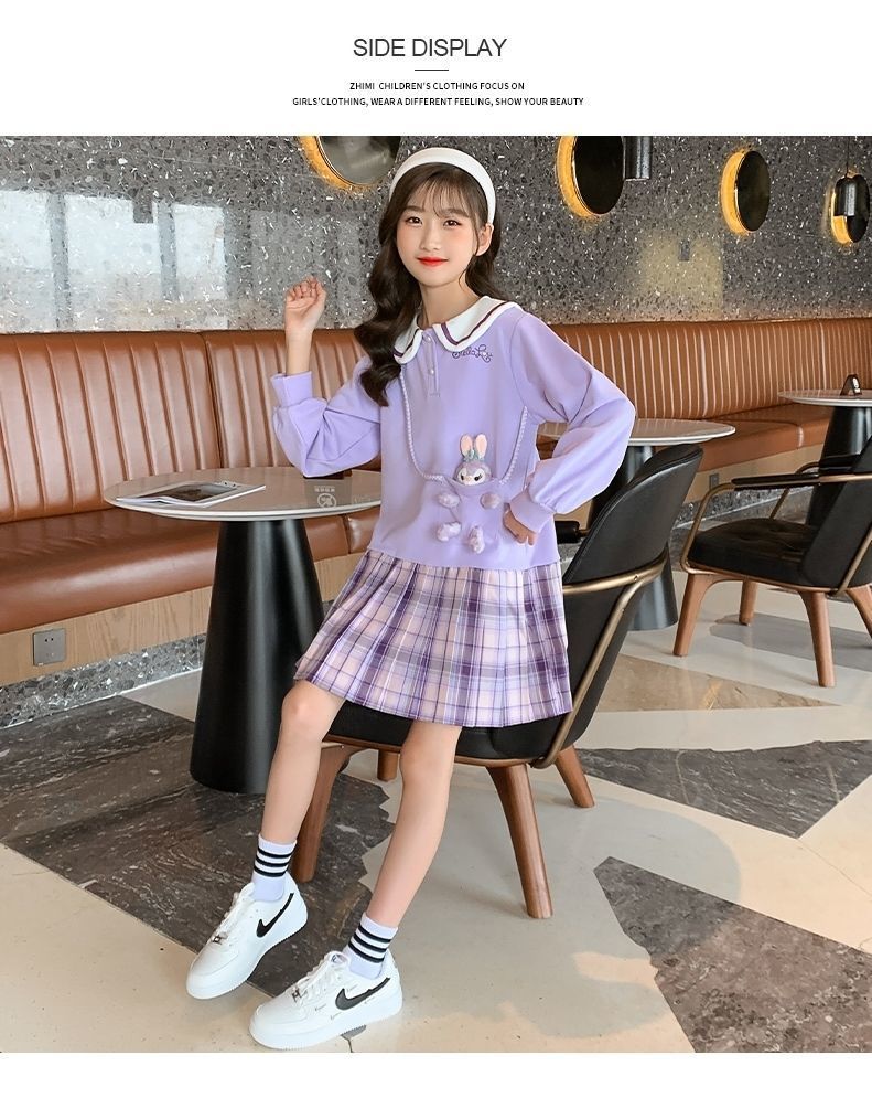 Teenage Girls Dress Autumn Girl Long-sleeved Plaid Dress Children's Lapel Sweater Dress