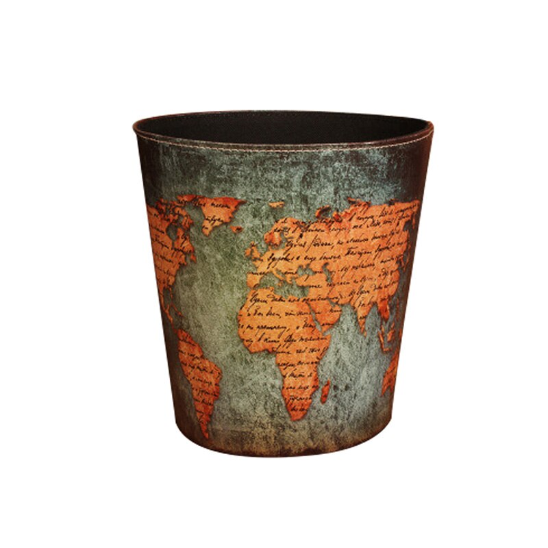 27cm Retro Wastepaper Basket PU Leather Bar Rubbish Bin Office Paper Basket Vintage without Lid Dustbin 8 Patterns: Green Map