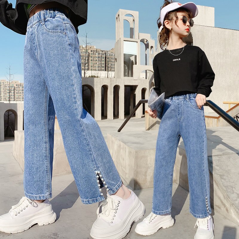 Pantalones vaqueros con perlas para niña, pantalón de pierna ancha recta, estilo informal para niño, ropa para Adolescente de 6, 8, 9, 10, 12, 14 años, primavera y otoño