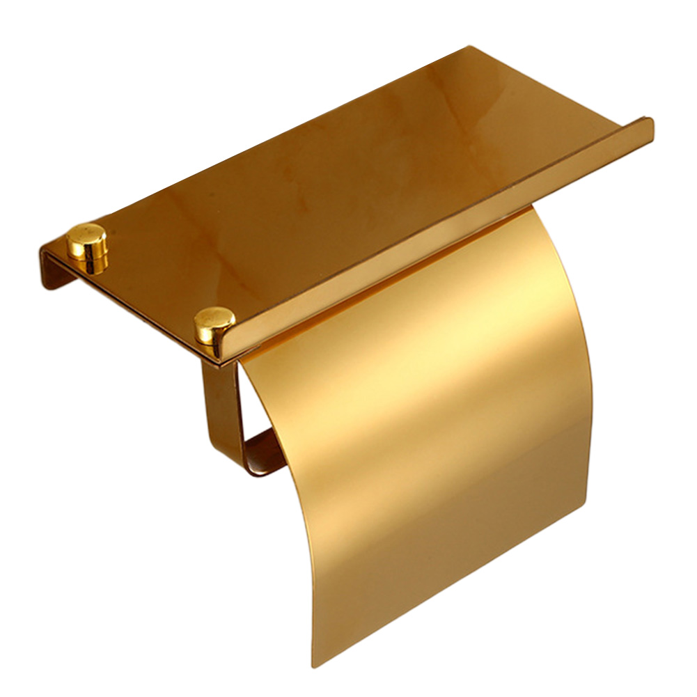 Rustfrit stål toiletpapirholderholder universal multifunktionel mobiltelefon vægmonteret med hyldevæsker støvtæt rulle: Guld