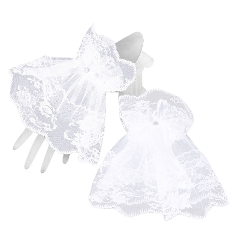 Women Black Lace Wrist Cuffs Bracelets Wedding Rhinestone Bow Fingerless Gloves Black Lace Wrist Cuff Bracelet: W