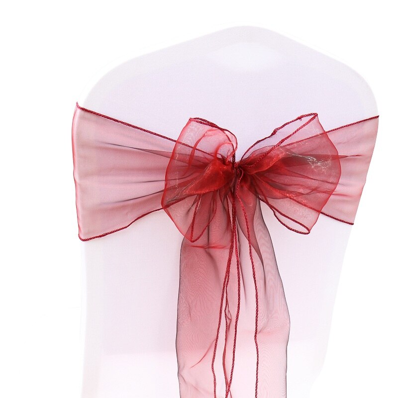 50 st/lot skirt band organza bröllopsdekorationer stol skärp skärp knut stolsöverdrag rosett band slipsar stolar dekoration tillbehör: Vinröd