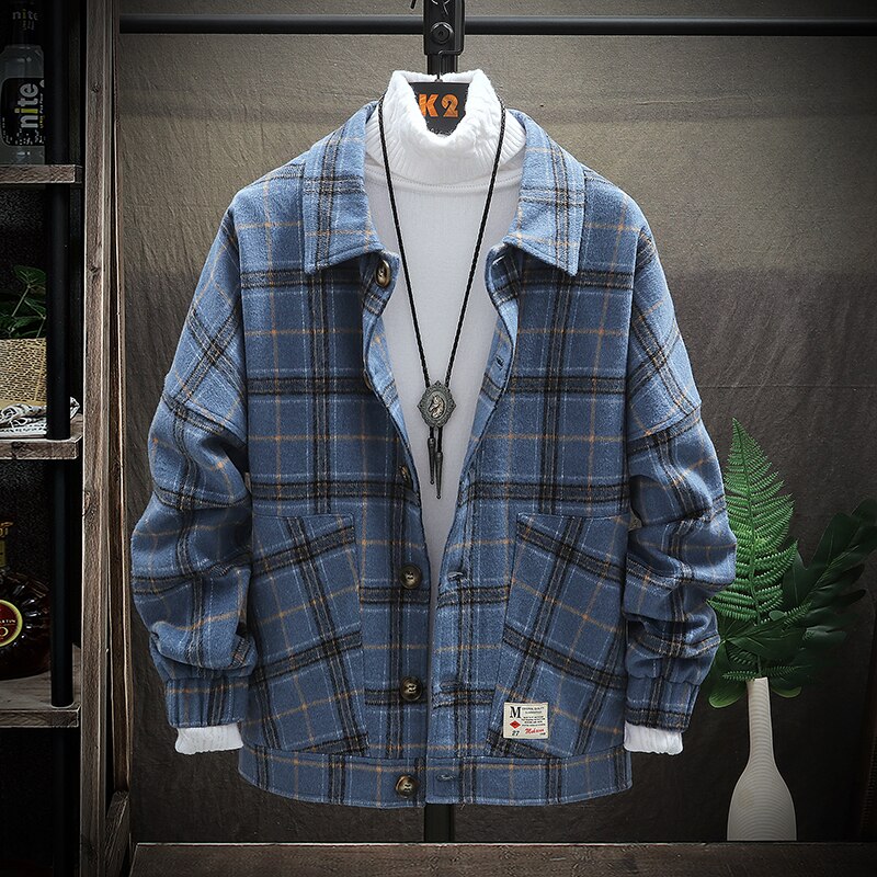 Singleroad yllejacka herr vår retro vintage casual ull rutig kappa manlig rockar jackor koreanska streetwear man
