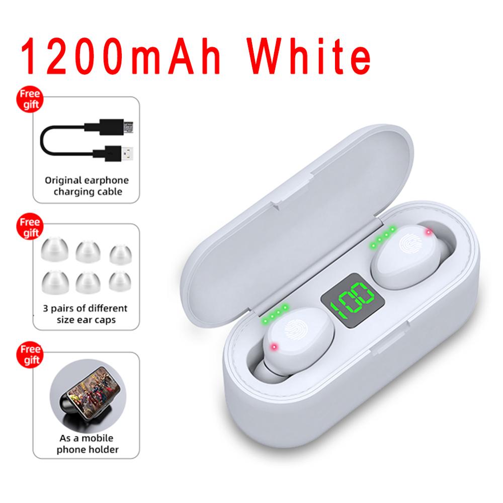 F9 TWS Wireless Headphones Bluetooth 5.0 Earphone HIFI In-ear Headset Earphones Stereo Earbuds for iOS/Android Phones HD Call: 1200mAh white