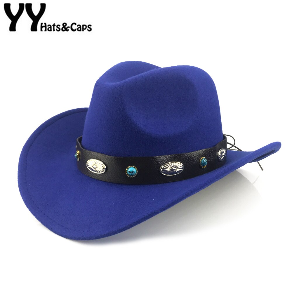 Yy retro vestlig cowboyhatt vinter med bredt metall pu lærbelte trilby caps menn kvinner rullebrett fedora jazz panama  yy20073