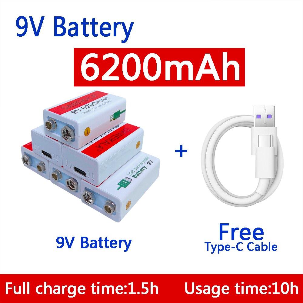 9v batteri 6200 mah li-ion laddningsbart batteri mikro usb batteri 9v litium för multimeter mikrofon leksak + usb laddningskabel