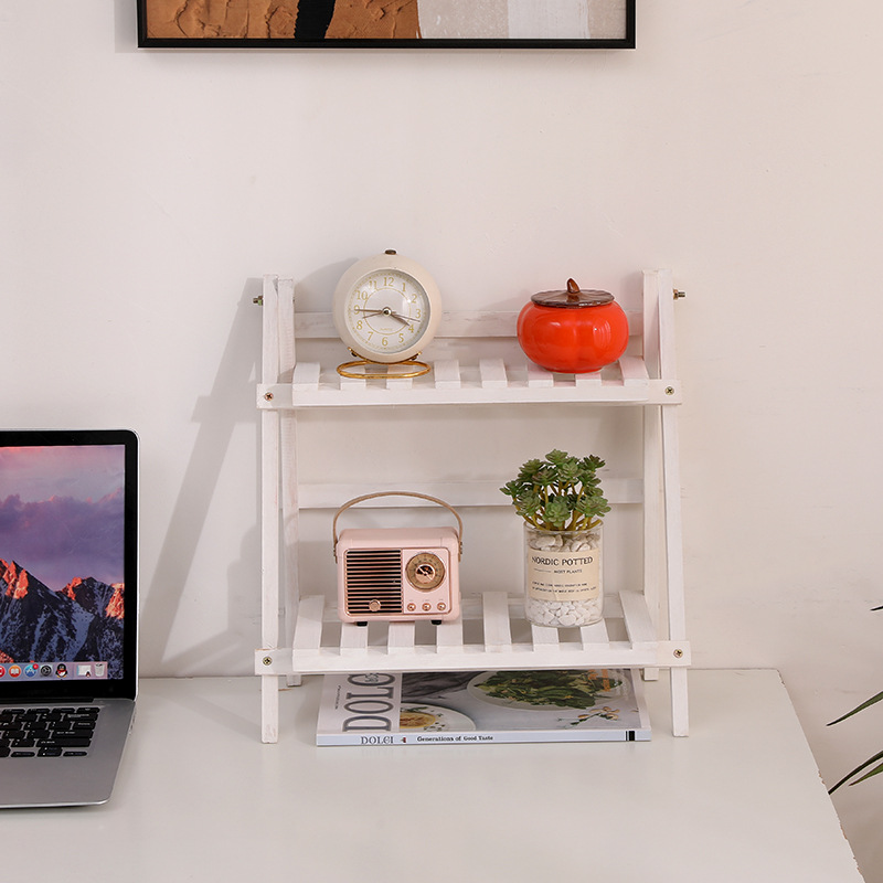 Étagère de rangement en bois à 2 niveaux, 1 pièce, organisateur de bureau, présentoir de bureau trapézoïdal, papeterie de bureau: WHITE