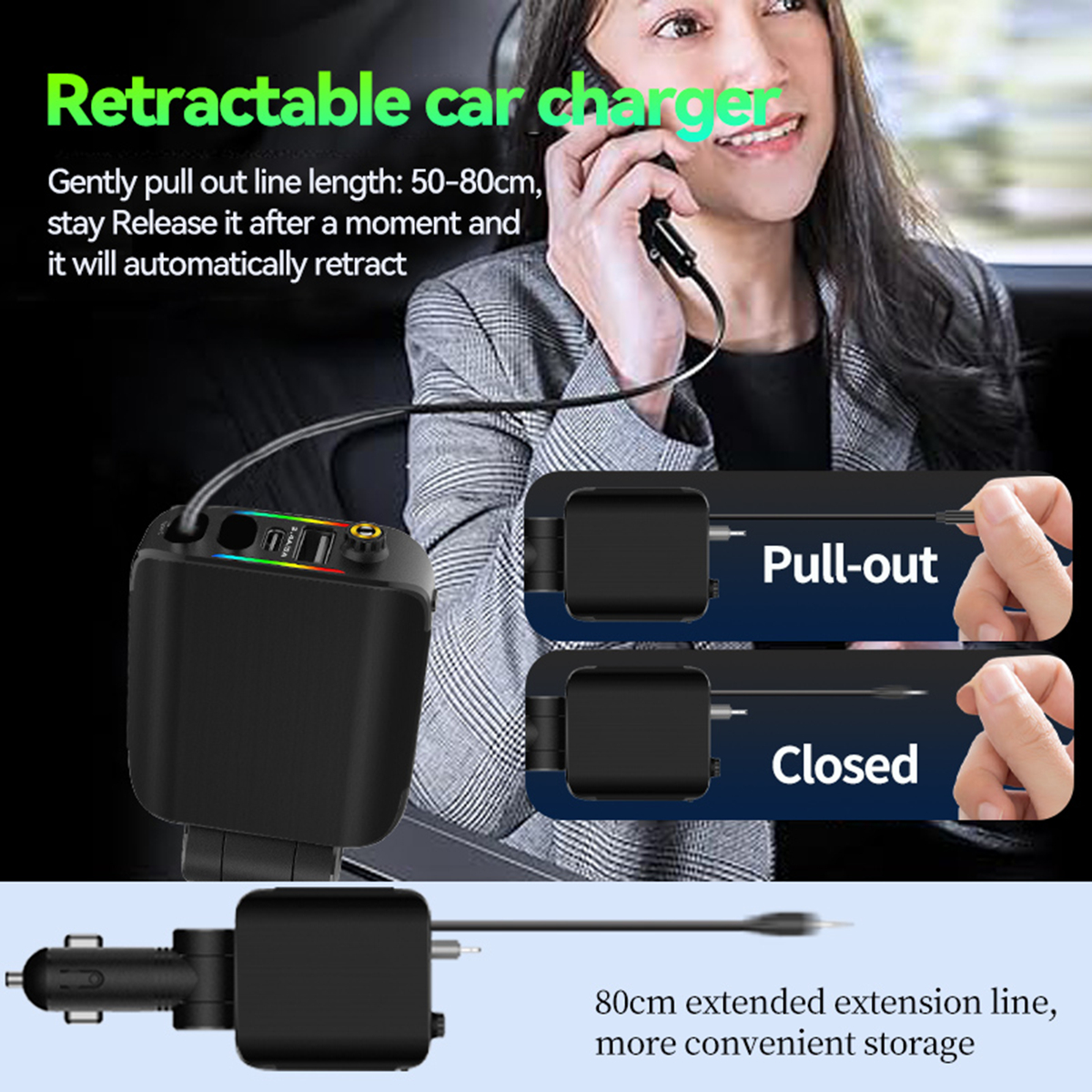 4-in-1 autolader snel opladen 120 W USB Type-C intrekbare kabel 180 ° Roterend met LED-omgevingslicht