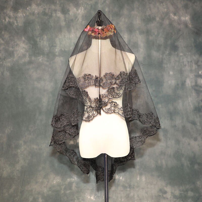 1.5M panna młoda czarny welon jednowarstwowy ślub Vail krótki ślubny welon Appliqued koronkowy biały szampan kość słoniowa welon Accessoire Mariage: czarny