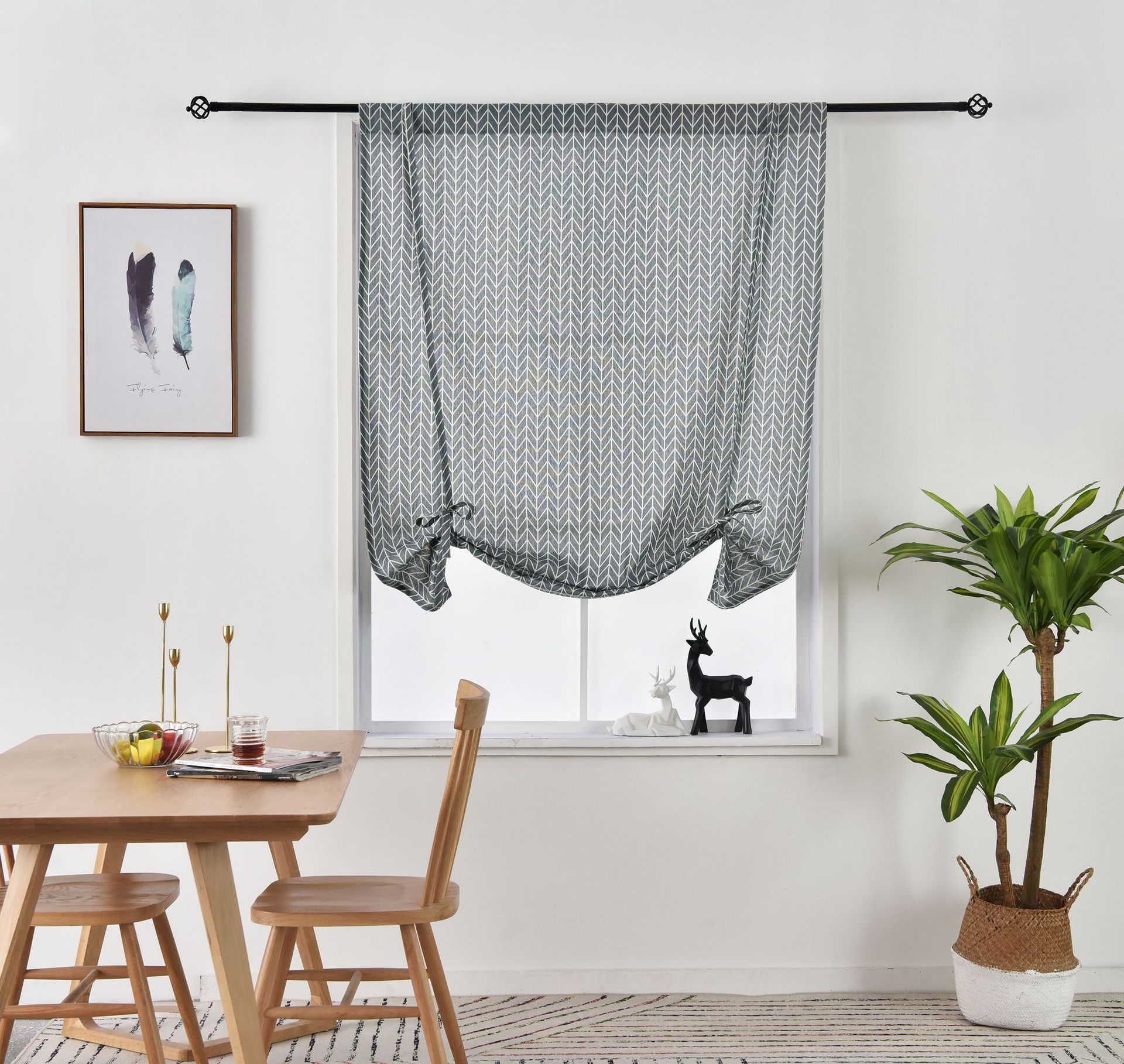 Geometrisk trykt gardin lys skygge flatt vindu pastoral den grå pilen til løftegardin polyester / bomull tau øvre åpen