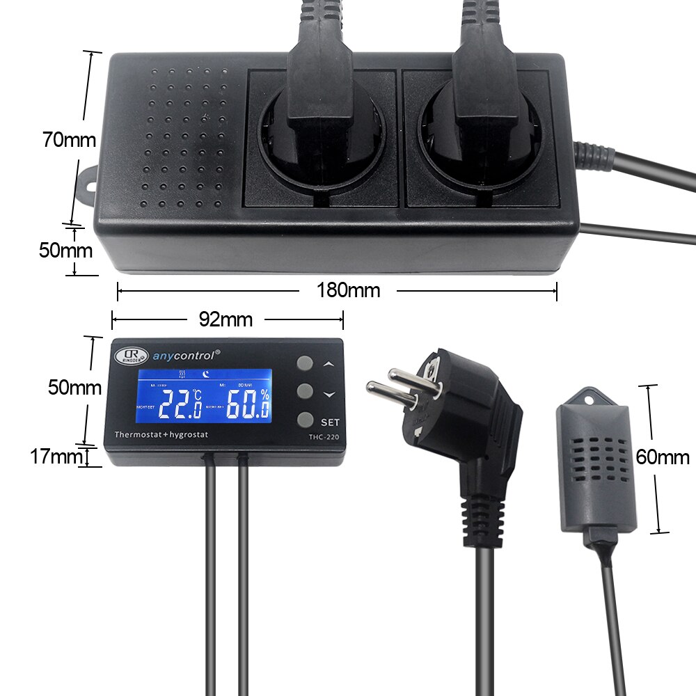 THC-220 Digital Temperature Humidity Controller Thermostat Regulator Control Switch LCD for Green House
