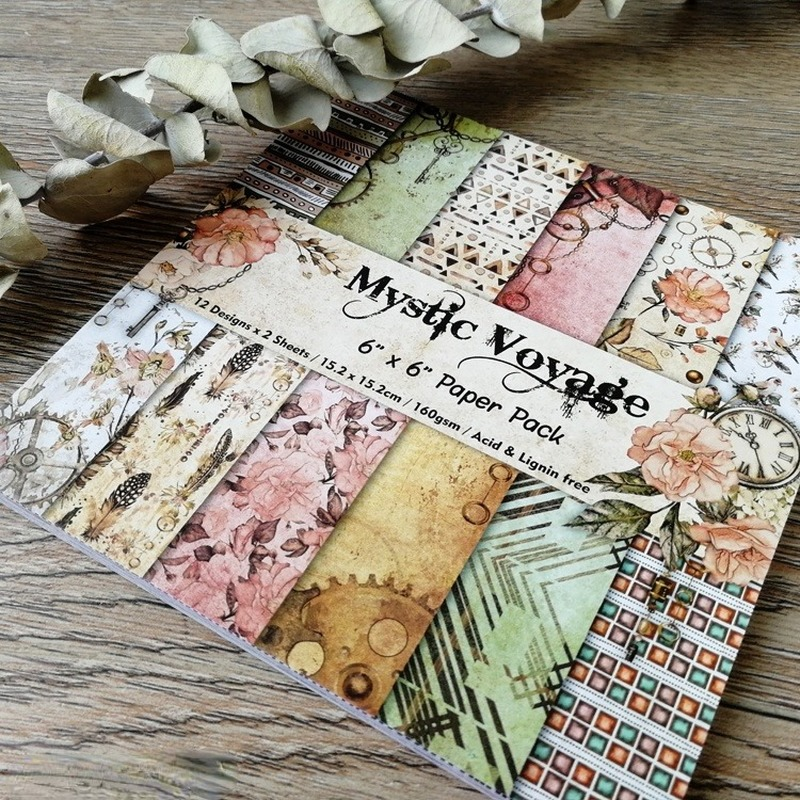 Confezione di scrapbooking in carta con motivi mistico viaggio, sfondo artigianale fatto a mano, stampato su un assolo lato