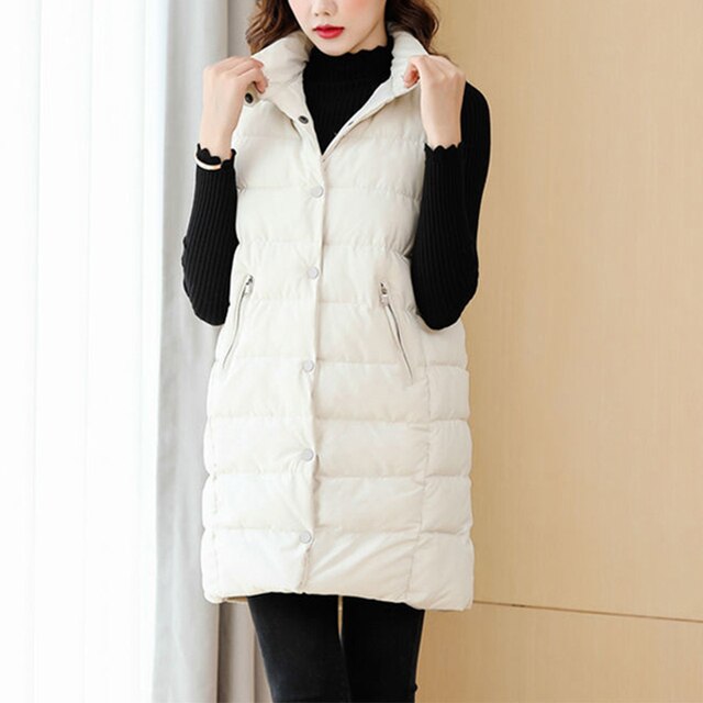 Zus Fara Herfst Winter Stand Kraag Lange Vest Vrouwen Bodywarm Katoen Gewatteerde Winddicht Warm Vest Vrouwelijke Effen Losse Vest: Beige / Xl