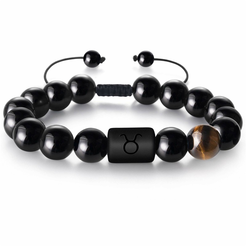 8mm naturlige svarte onykssteiner stjernetegn armbånd horoskop armbånd for kvinner menn vennskapssmykker: Gullfarge