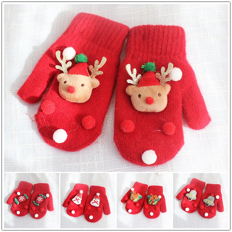 Christmas Red Full Finger Gloves Mittens Snowman Gloves Girl Knitting Needle Thickened Party Year Children