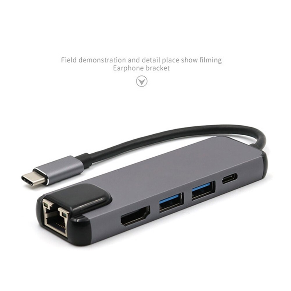 Uitbreiding Converter Adapter Coupler Type C Docking Station 5 In 1 Hub Converter 4K Hdmi-Compatibel 2 Usb 3.0 Lan RJ45 Adapter