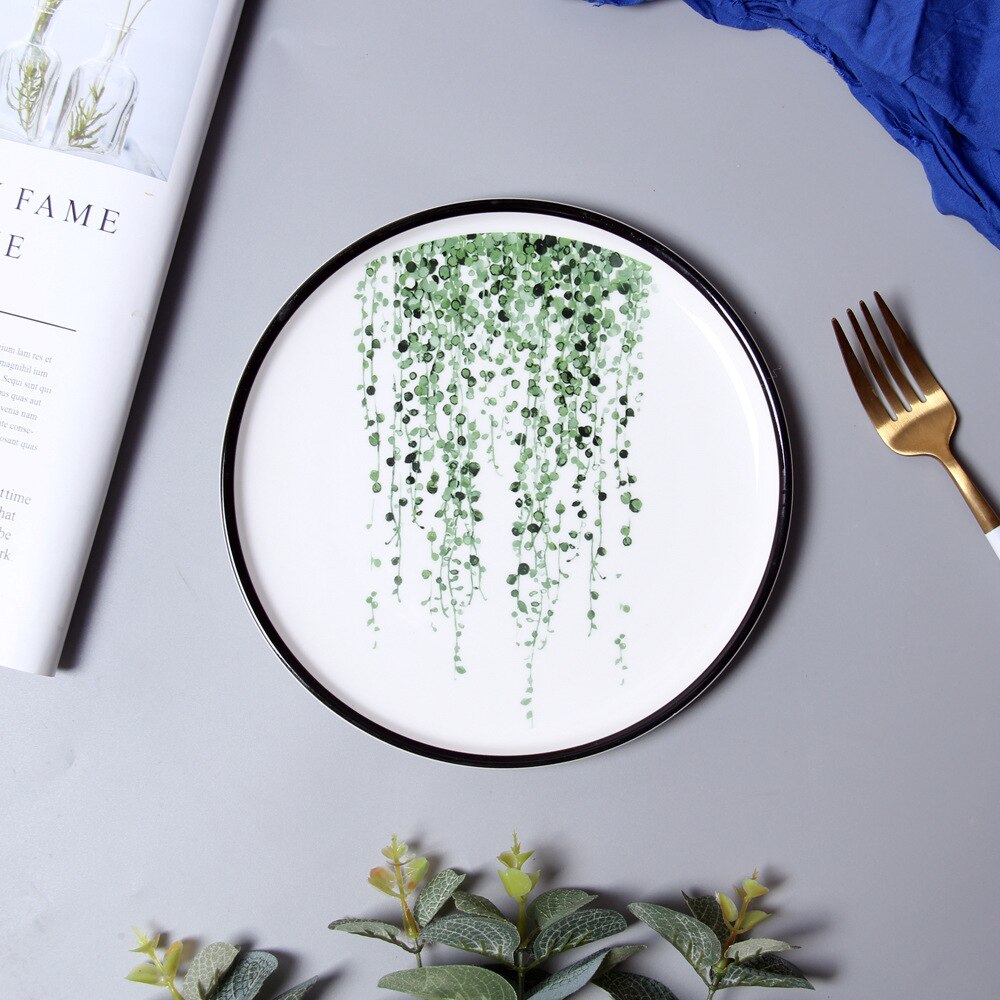 Vajilla de porcelana de 8 pulgadas con de plantas verdes, juego de cena, plato de postre de cerámica, plato de pastel, , 1 ud.: G
