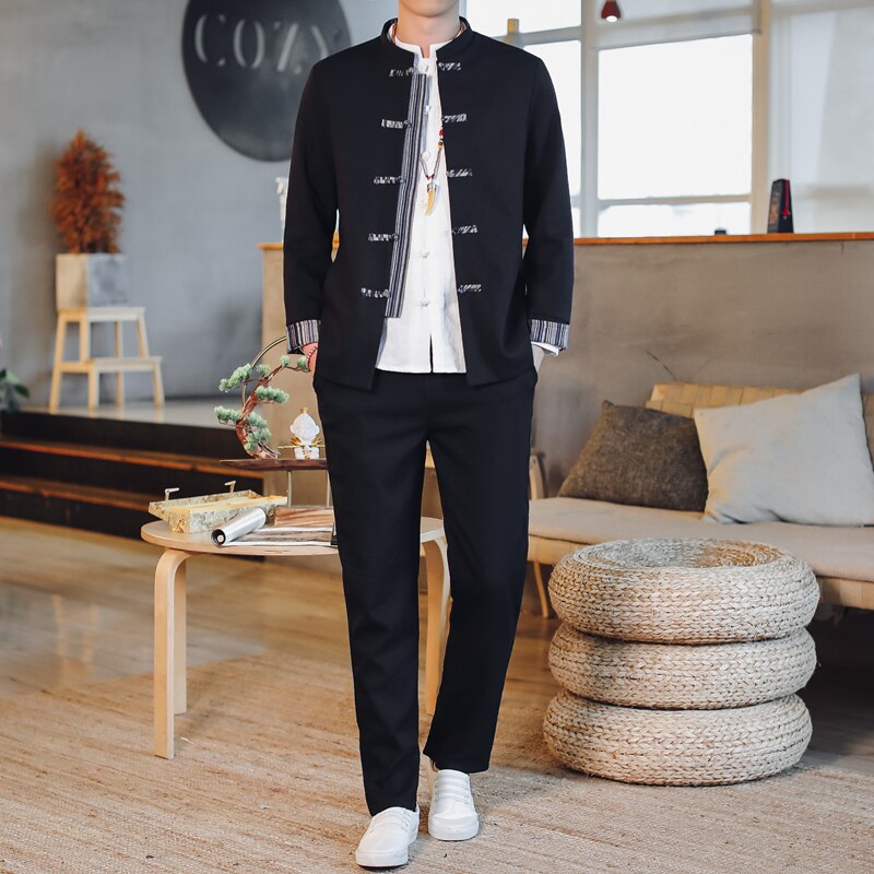 Plus size mænd formel blazer herre slim fit knap tunika jakkesæt sæt ren farve kinesisk stil blazer jakke og bukser