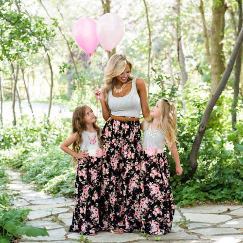 Mother Matching Clothes Formal Mom Parent Long Dress Outfits Summer Sleeveless Patchwork Floral Dresses