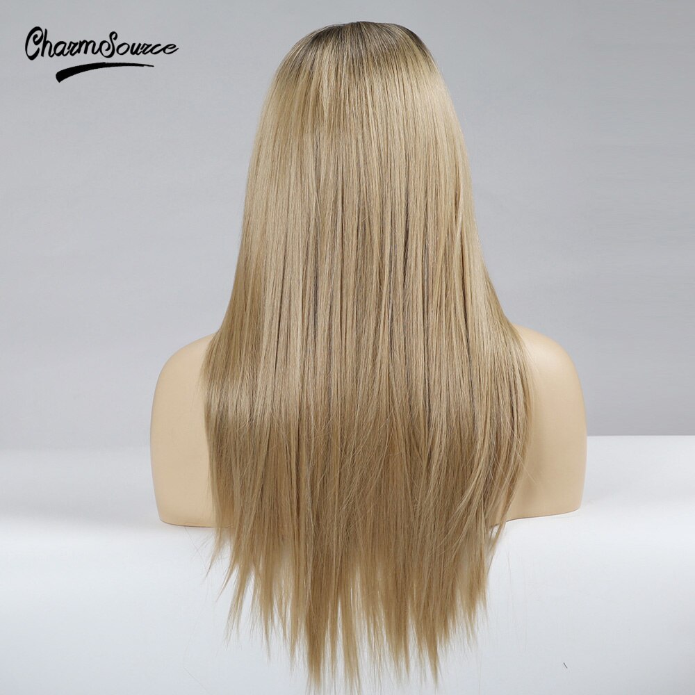 CharmSource Long Brown Root Ombre Blonde Wig Straight Lace Part Synthetic Wigs for Women Daily Hair High Density Heat Resistant