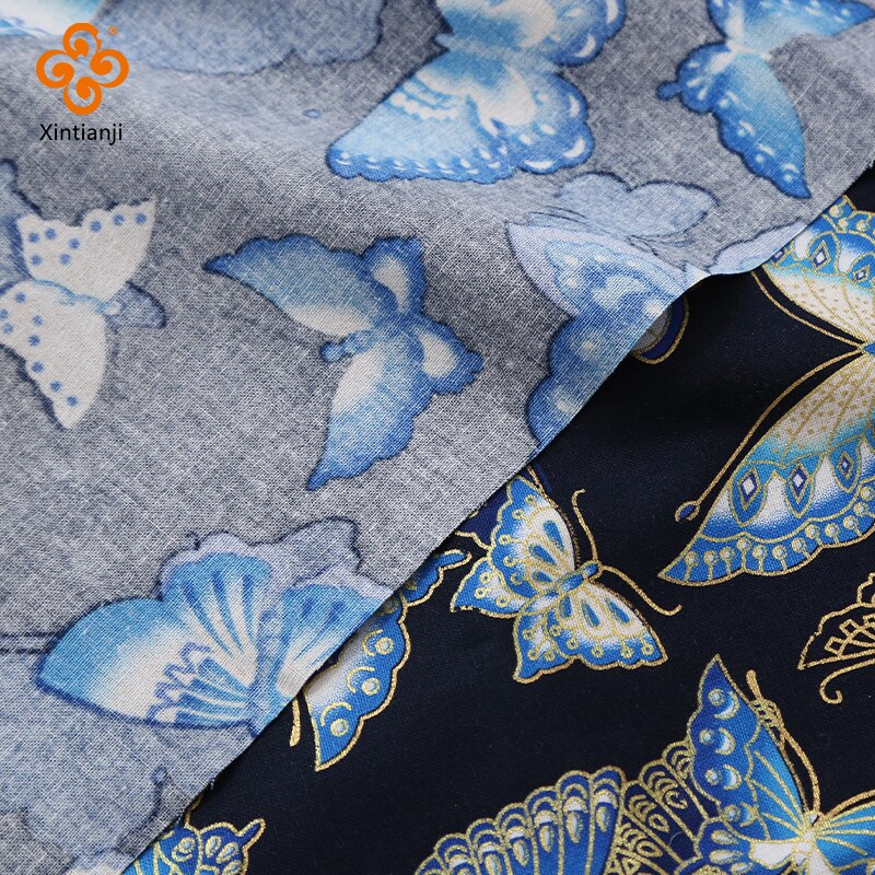 Bronze trykt bomuldsstof blå japansk stil sommerfuglemønster stof til kimono diy håndlavet tilbehør håndværk  tj0451