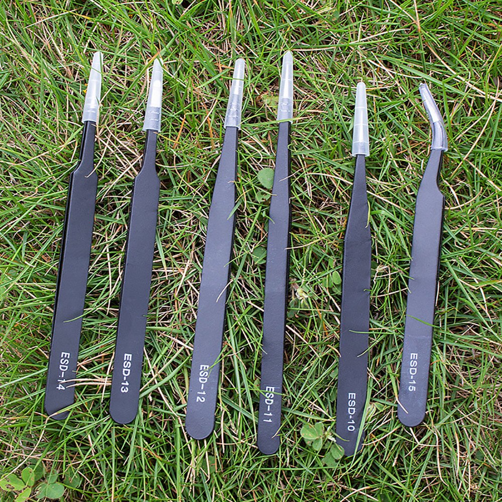 6 Pcs ESD Antistatic Tweezers Tool Set High Tip Curved Straight Tweezer Stainless Multifunction