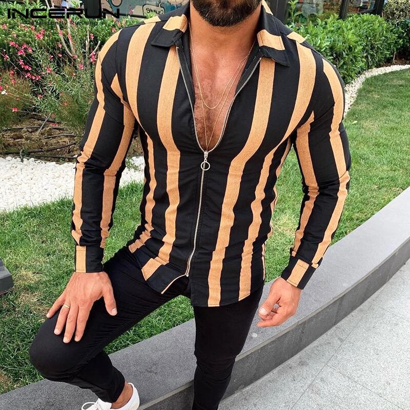 Stribede skjorter herre langærmede turn-down krave lynlåse streetwear stilfulde slim fit toppe chic camisa herre skjorte incerun 5xl