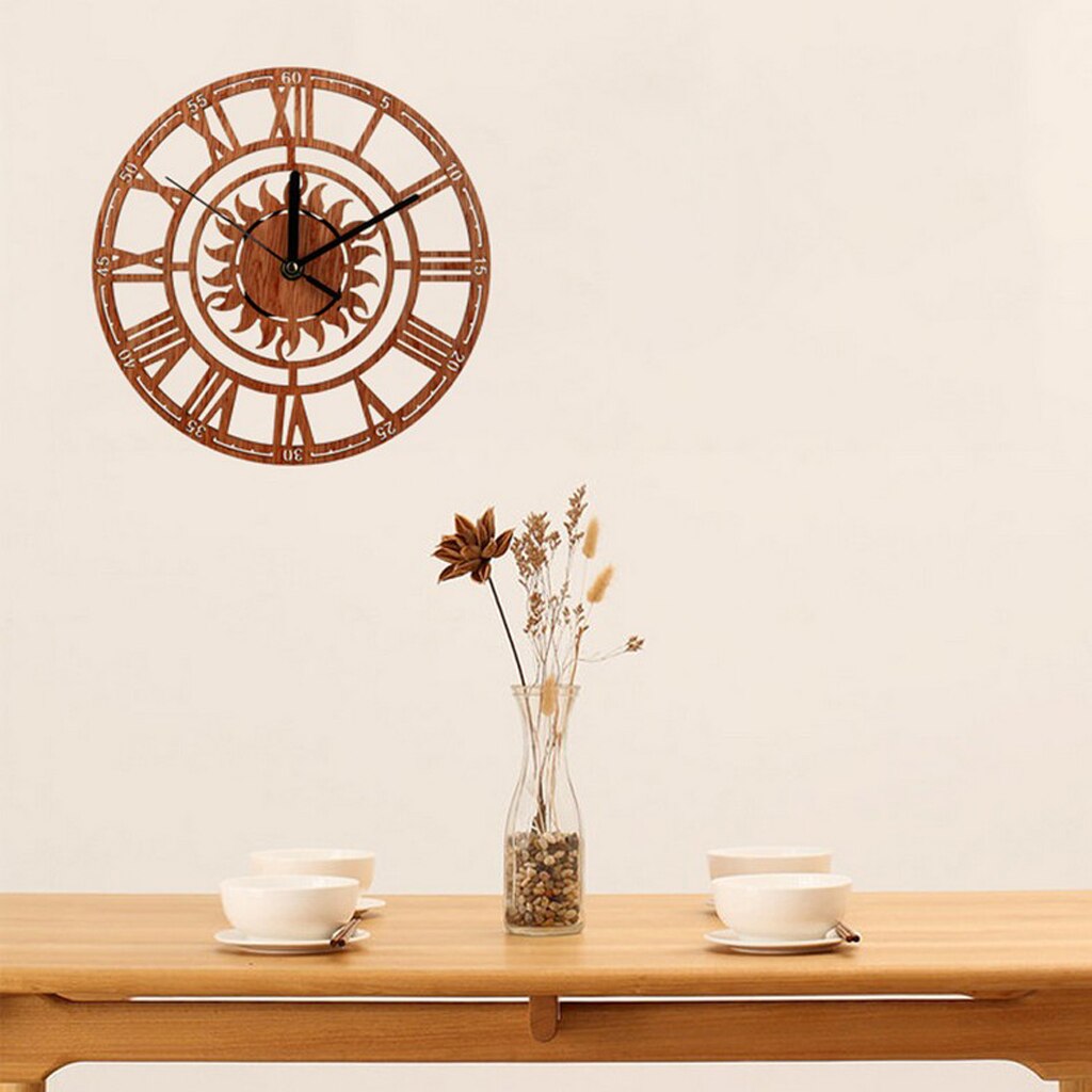 Vintage Wood Wall Clocks Round Shape Sun Pattern Roman Number Digital Clock