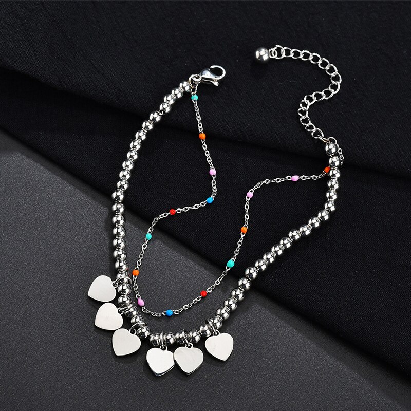Uzone roestvrijstalen armband met kleine hartjes en dubbele laag verstelbare kralenkettingen voor vrouwen, meisjes, bruiloft, pulsera
