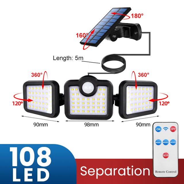 Solar Led Light Outdoor Lighting 3 Head Motion Sensor Wide Angle Illumination Super Bright Waterproof Remote Control Wall Lamp: Separation-108 SMD
