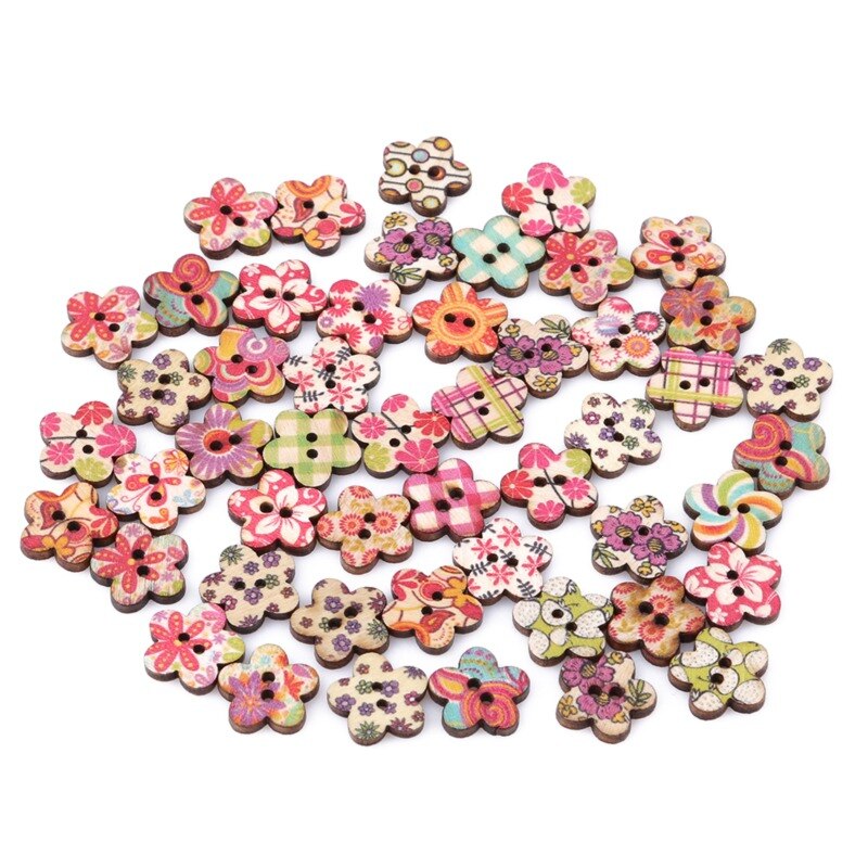 50/100 stuks houten knopen met 2 gaten en verschillende vormen voor scrapbooking, knutselen, doe-het-zelf, babykleding, naaiaccessoires, knoopdecoratie: 50 stuks bloem