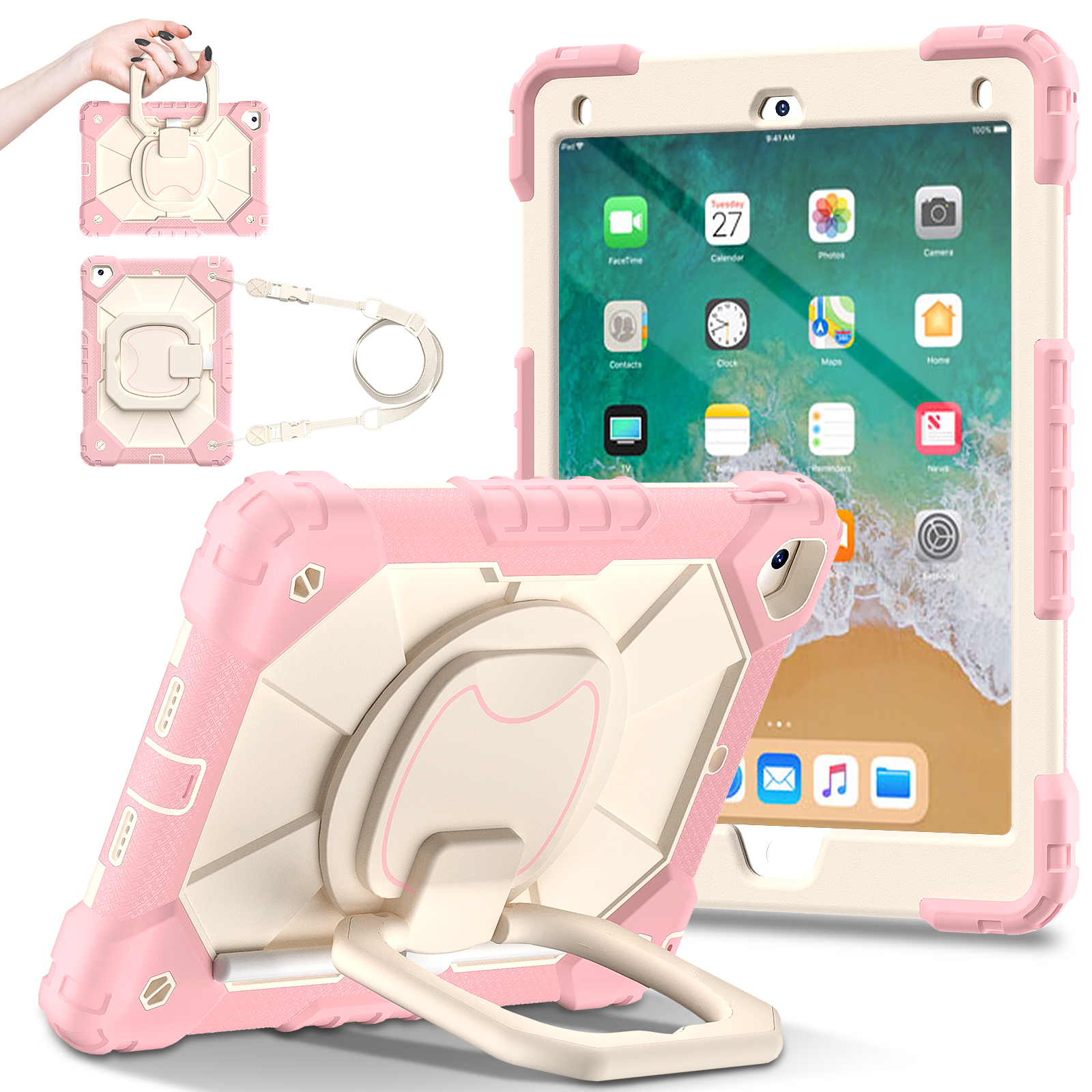 Roterande kraftigt fodral för ipad 5 6 7 air 1 2 pro 9.7 5th 6th gen stativskydd med handtag och axelrem: 12.4 / Beige