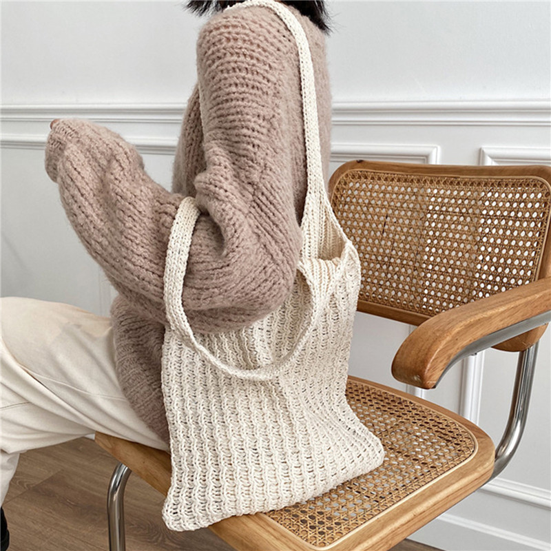 Gebreide wollen schoudertas voor dames, vintage katoenen tas voor meisjes, grote dameshandtas