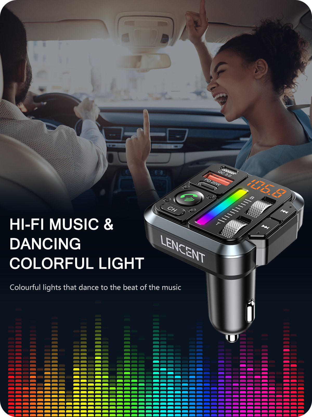 LENCENT Bluetooth 5.3 FM-zender Bluetooth-autoadapter met PD 20W en QC3.0 snellader Hi-Fi muziek handsfree kitadapter