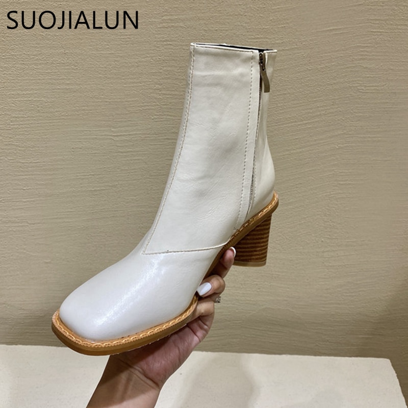 Suojialun dames enkellaarsjes met vierkante houten blokhak dames korte laarzen winter dames chelsea boots damesschoenen