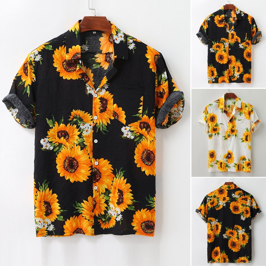 Plus size skjorter herre sommer solsikke mønster skjorter afslappet kortærmet strand løs bluse hawaiiansk skjorte  #3