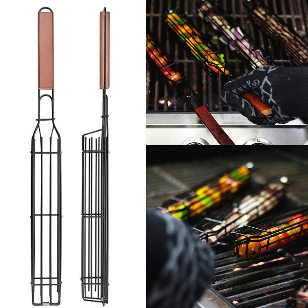 Handtag värmeisolering metall bbq grill mesh nätkorg non-stick kött grönsaksgrill bakverktyg