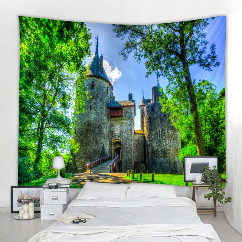 Nature tree tapestry wall hanging forest castle fairytale hippie wall hanging bohemian style home ranch art decoration