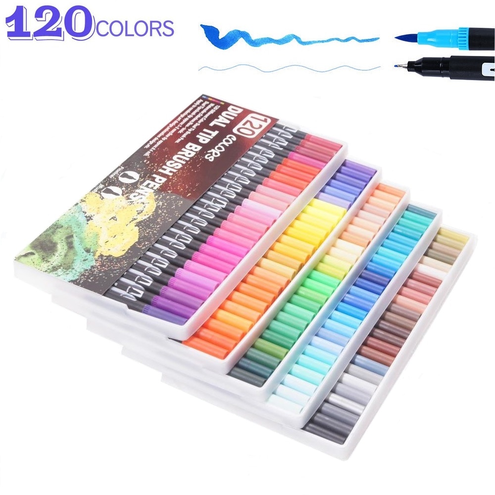 120 farver børste pen kunstmarkører akvarel fin liner dobbelt tip sæt til skolekunstforsyninger bedste effekt til tegning og maling