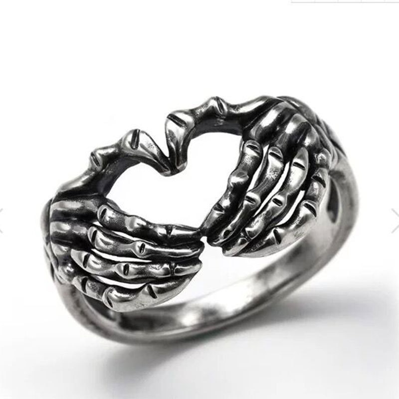 Gothic Skeleton Skull Hand Heart Rings for Men Vintage Punk Love Gesture Finger Couple Ring Women Wedding Jewelry Halloween: 8 / Section-A