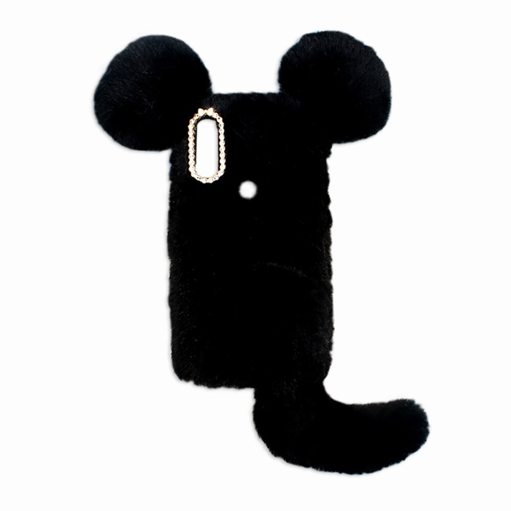 Warm Houden Comfortabele Telefoon Cover Pluche Rhinestone Camera Frame Telefoon Case Soft Shockproof Shell Met Oor En Staart: Black