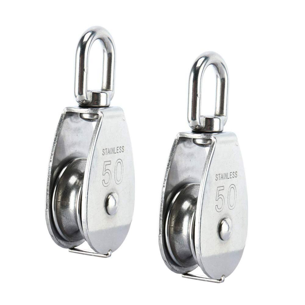 2 Pack M50 Single Pulley Block Heavy Duty 304 Stainless Steel Pulley Roller Crane Swivel Hook Wheel Fixed Pulley Swivel Rigging