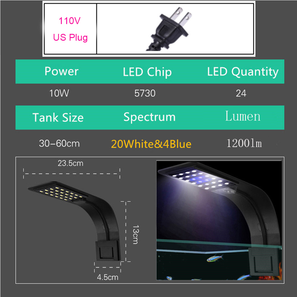 Super Heldere Led Aquarium Verlichting Led Planten Groeien Licht 5W/10W Aquatische Zoetwater Lampen Waterdicht Clip Op lamp Voor Aquaria: X5 B-BW US Plug