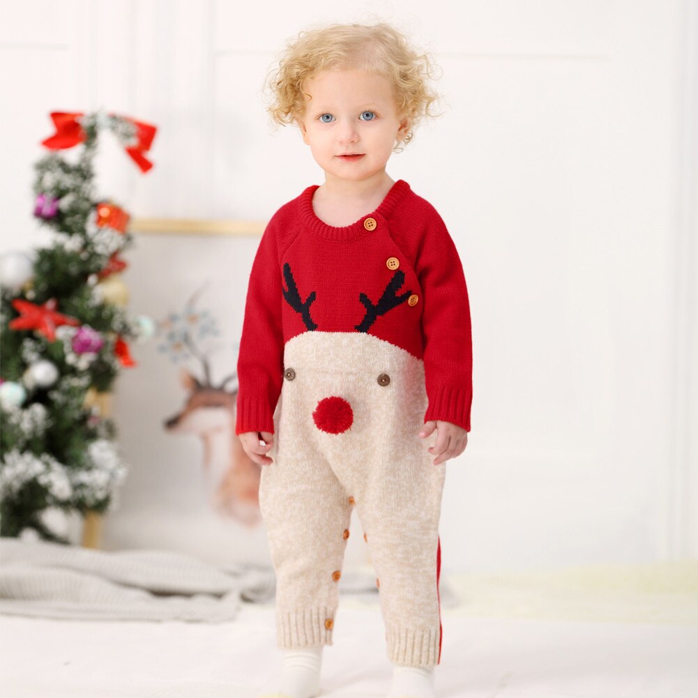 Jongens Meisjes Kerst Rompertjes Rendier Gebreide Ronde Kraag Vest Jumpsuits Baby Jaar Kostuum Kid Warme Wollen Kleding 0-2Y